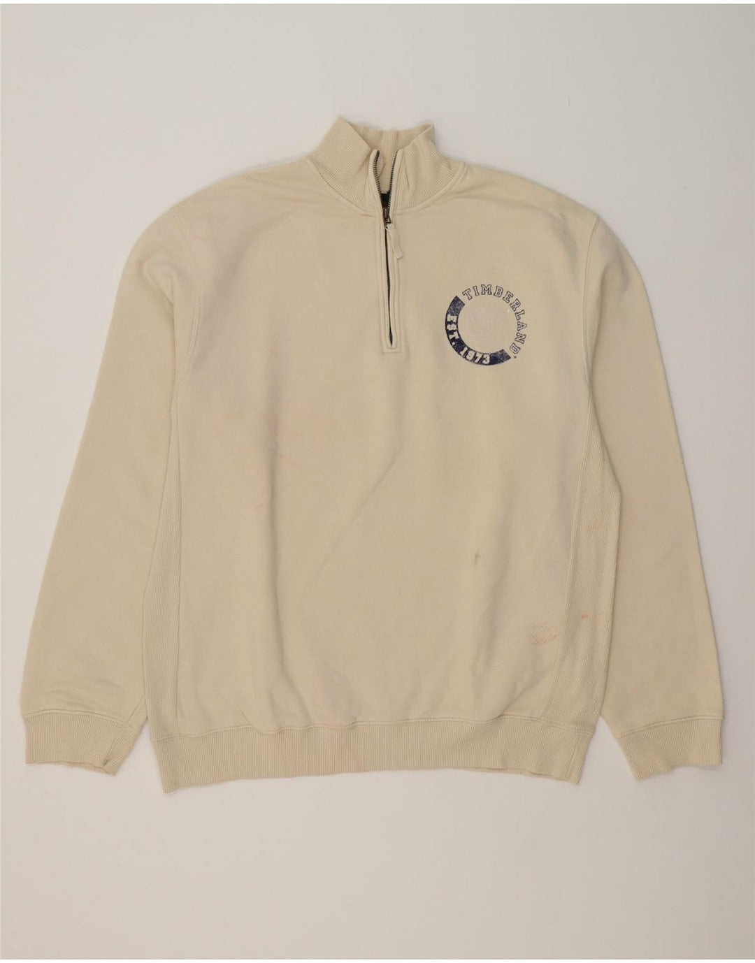 TIMBERLAND Mens Graphic Zip Neck Sweatshirt Jumper Large Off White Cotton Vintage Timberland and Second-Hand Timberland from Messina Hembry 