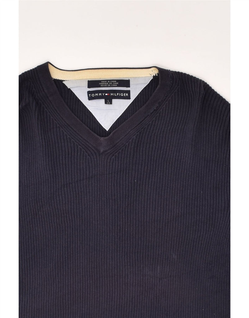 TOMMY HILFIGER Mens V-Neck Jumper Sweater Large Navy Blue Cotton | Vintage Tommy Hilfiger | Thrift | Second-Hand Tommy Hilfiger | Used Clothing | Messina Hembry 