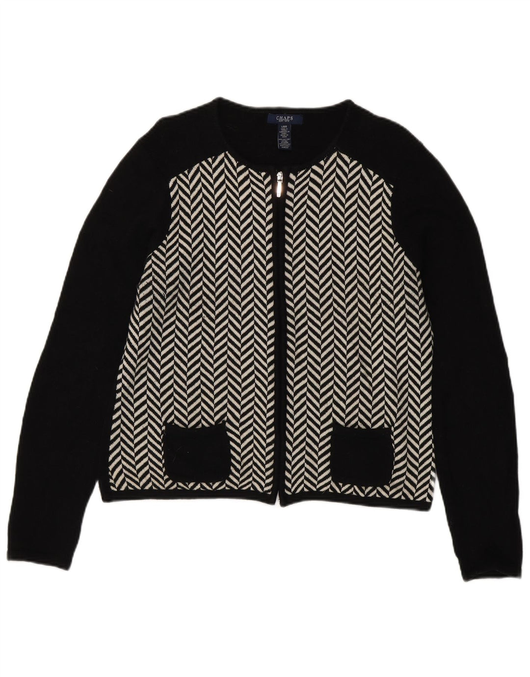 CHAPS Womens Cardigan Sweater UK 14 Large Black Herringbone Cotton