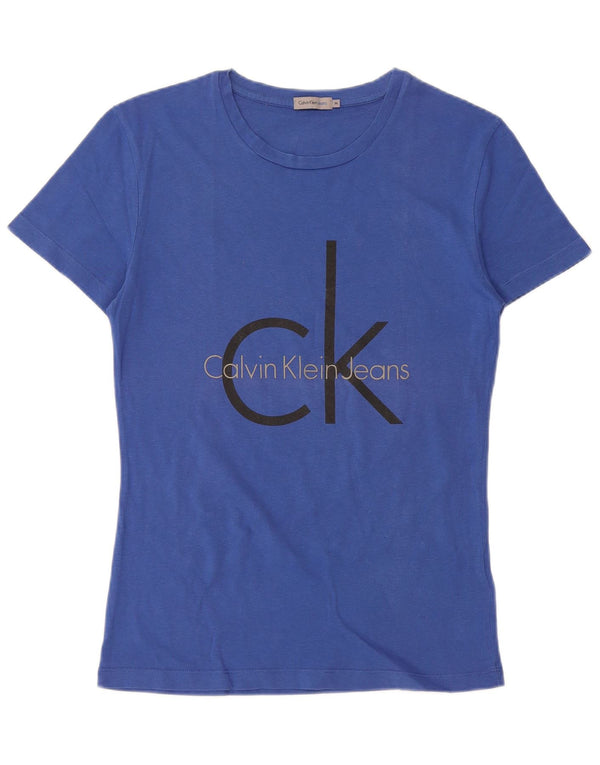CALVIN KLEIN JEANS Womens Graphic T-Shirt Top UK 12 Medium Blue Cotton