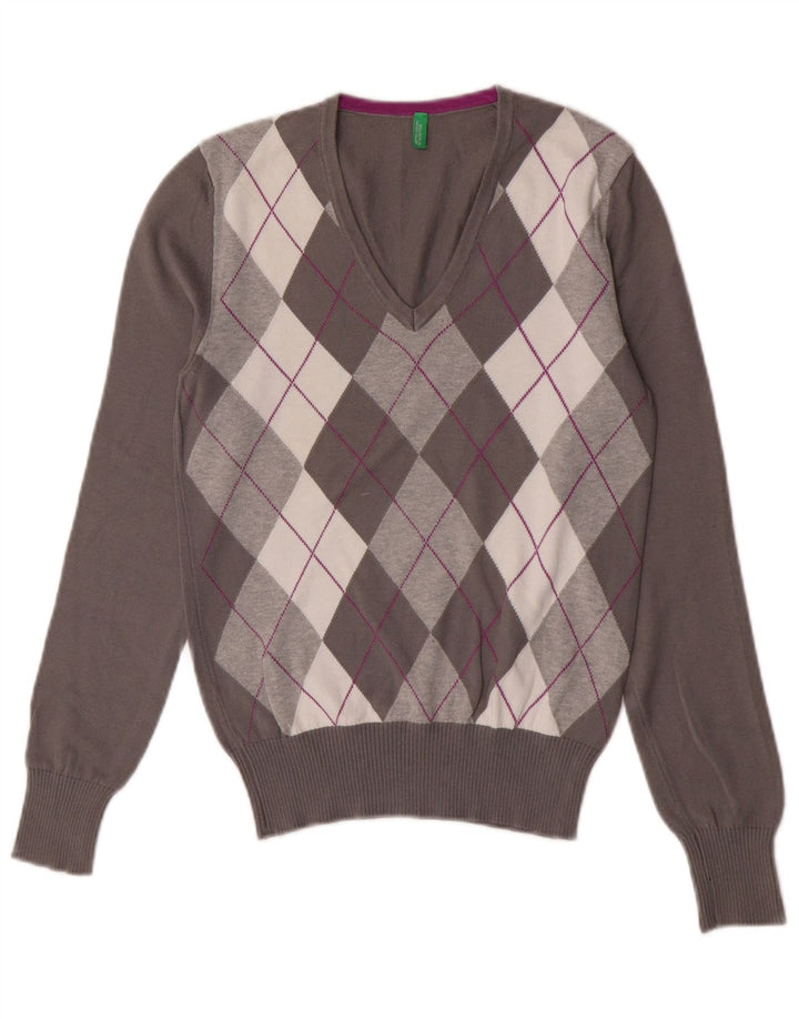 Benetton Womens V-Neck Jumper Sweater UK 10 Small Grey Argyle/Diamond
