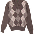 Benetton Womens V-Neck Jumper Sweater UK 10 Small Grey Argyle/Diamond