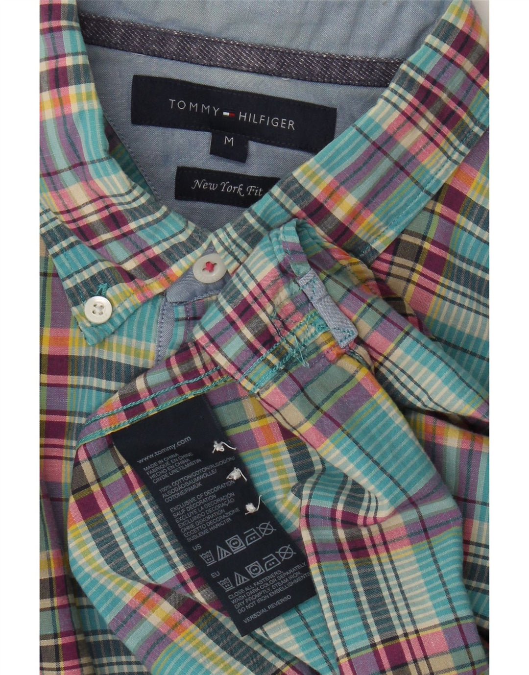 Tommy Hilfiger Mens New York Fit Shirt Medium Turquoise Check Cotton