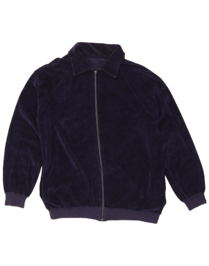 VINTAGE Womens Tracksuit Top Jacket UK 16 Large Navy Blue Cotton