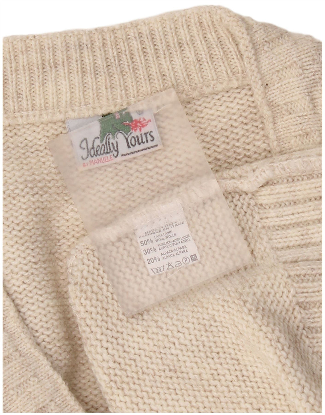 Vintage Mens V-Neck Jumper Sweater XL Beige Wool