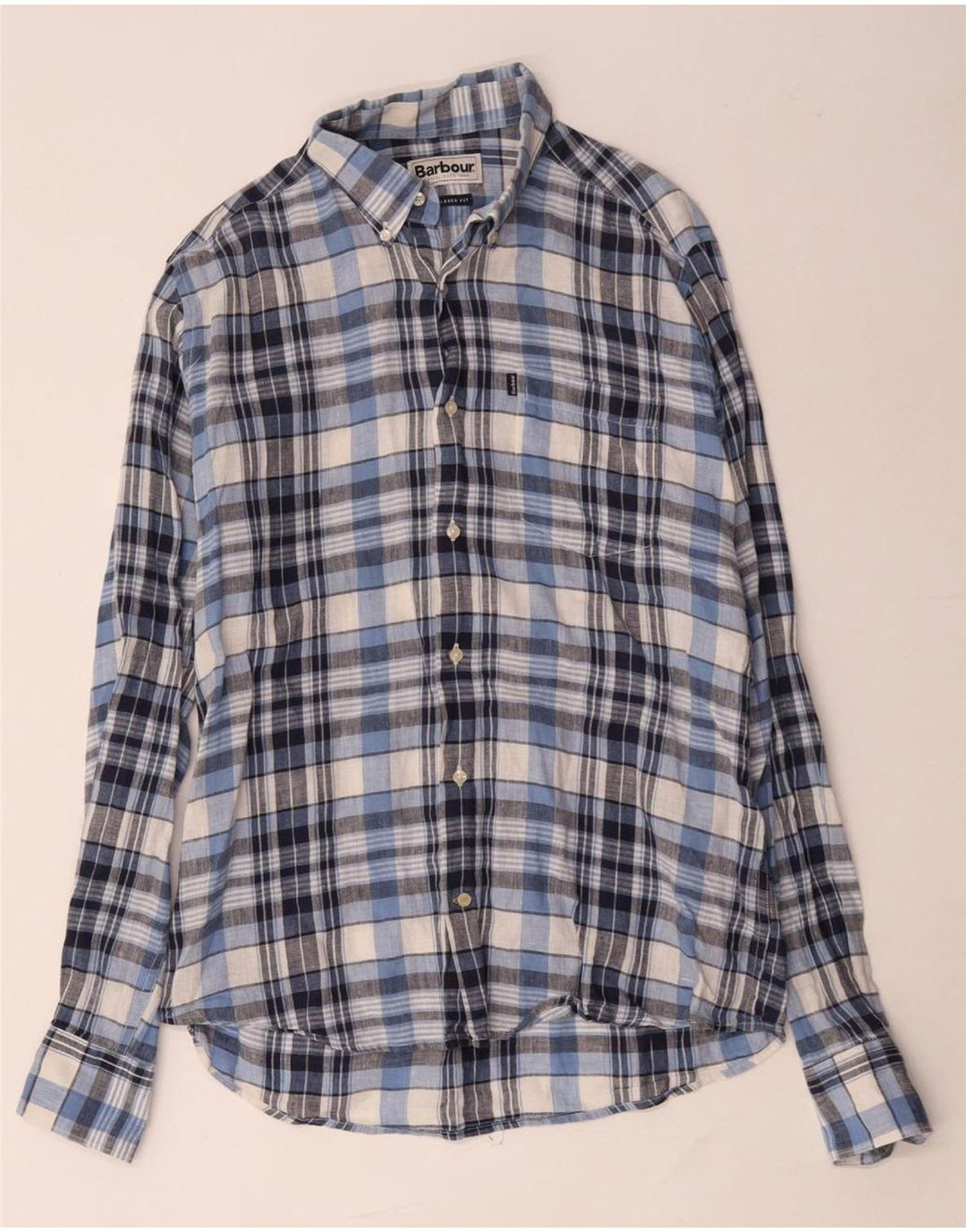BARBOUR Mens Tailored Fit Shirt Medium Blue Check Linen