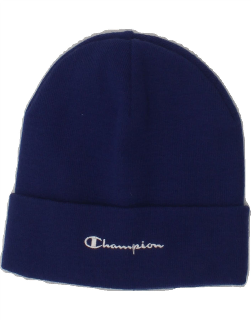 CHAMPION Mens Graphic Beanie Hat One Size Blue Acrylic | Vintage Champion | Thrift | Second-Hand Champion | Used Clothing | Messina Hembry 