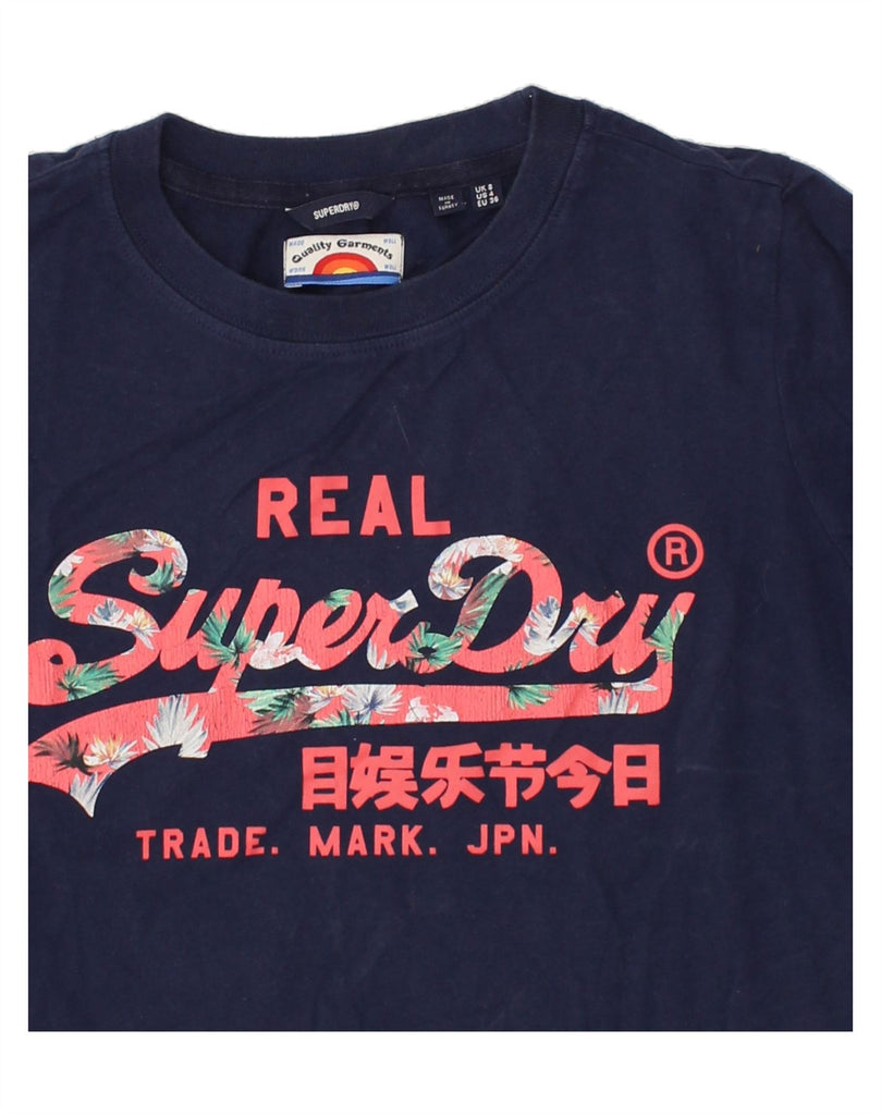 SUPERDRY Womens Graphic T-Shirt Top UK 8 Small Navy Blue Cotton | Vintage Superdry | Thrift | Second-Hand Superdry | Used Clothing | Messina Hembry 