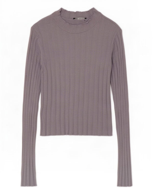 Zara Womens Crop Top Long Sleeve UK 8 Small Navy Blue Cotton