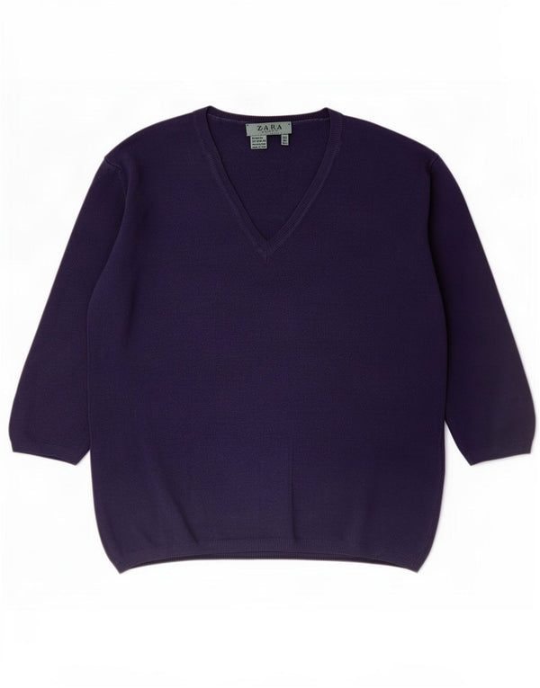 Zara Womens 3/4 Sleeve V-Neck Jumper Sweater UK 14 Large Purple Rayon