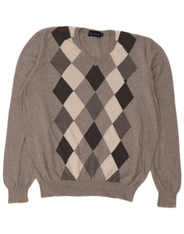Brooksfield Mens V-Neck Jumper Sweater IT 50 Medium Grey Argyle/Diamond