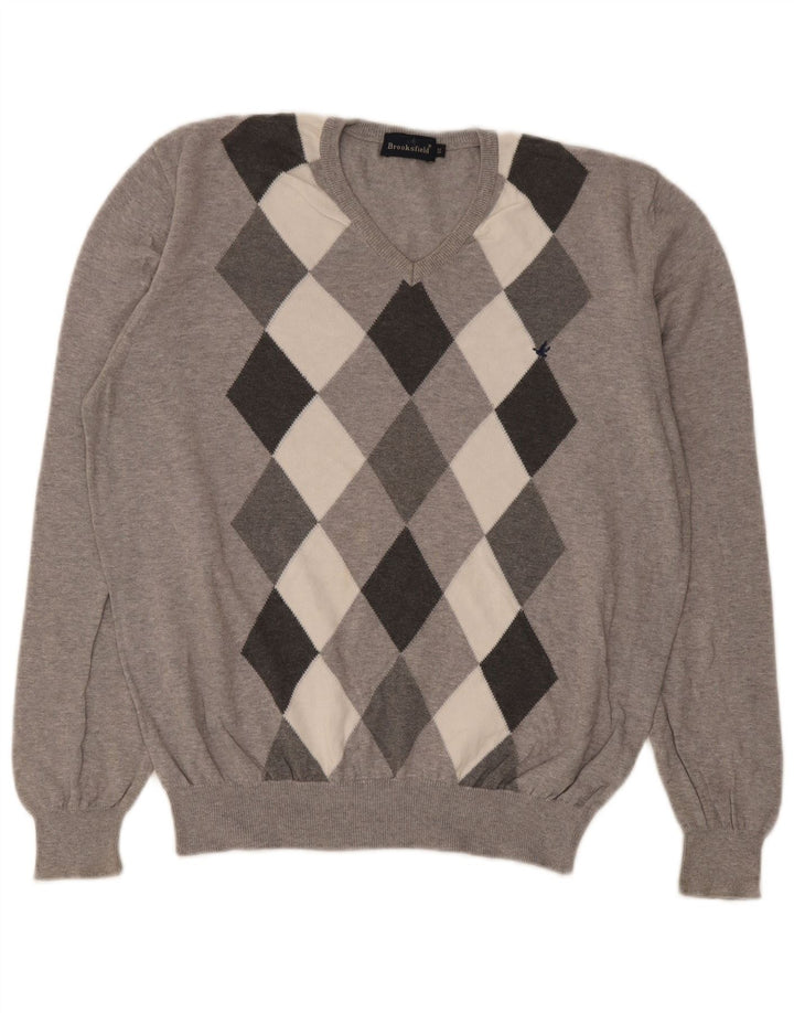 Brooksfield Mens V-Neck Jumper Sweater IT 50 Medium Grey Argyle/Diamond