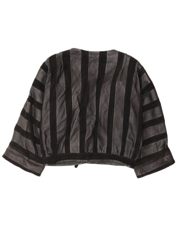 Vintage Womens Leather Bomber Jacket UK 14 Medium Black Striped Leather