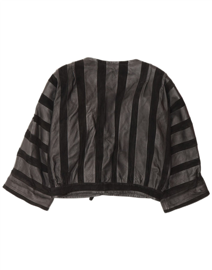 Vintage Womens Leather Bomber Jacket UK 14 Medium Black Striped Leather