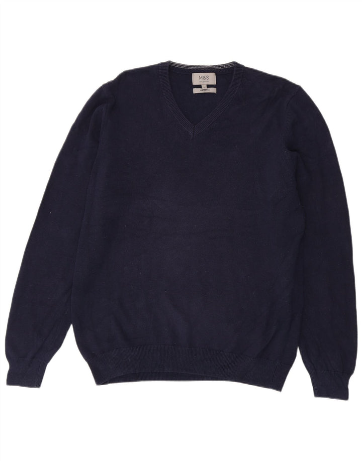 Marks & Spencer Mens V-Neck Jumper Sweater Large Navy Blue Cotton