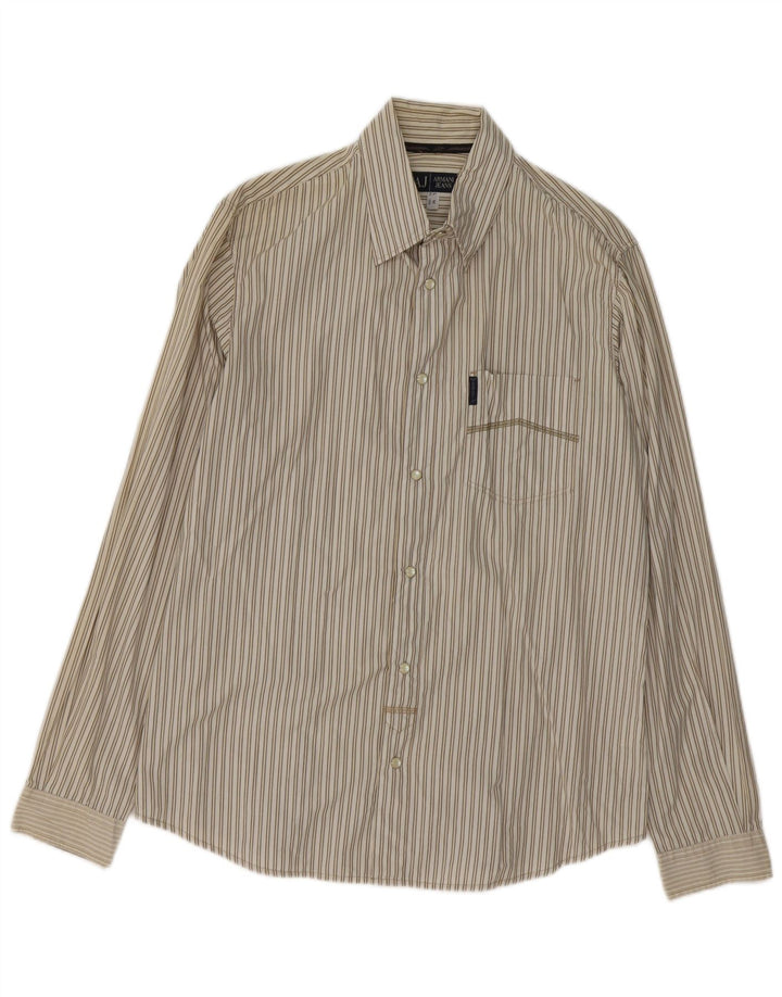 ARMANI JEANS Mens Shirt Large Beige Striped Cotton