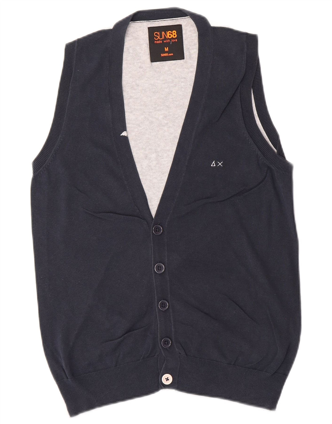 SUN68 Mens Sleeveless Cardigan Sweater Medium Navy Blue Colourblock Cotton