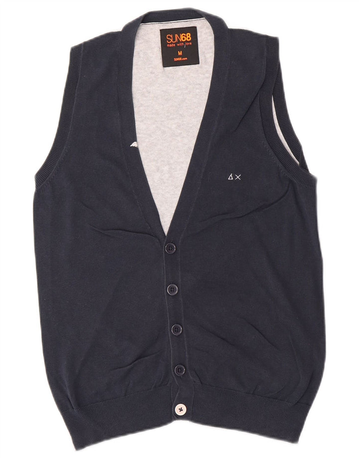 SUN68 Mens Sleeveless Cardigan Sweater Medium Navy Blue Colourblock Cotton
