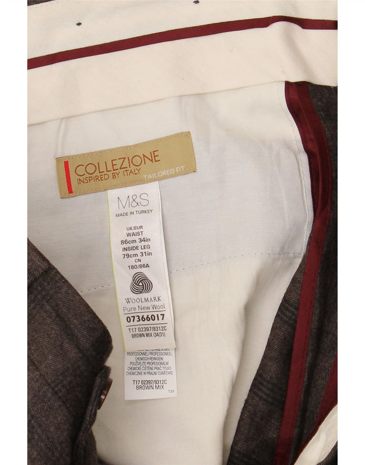 MARKS & SPENCER Mens Tailored Fit Suit Trousers W34 L31 Brown Check