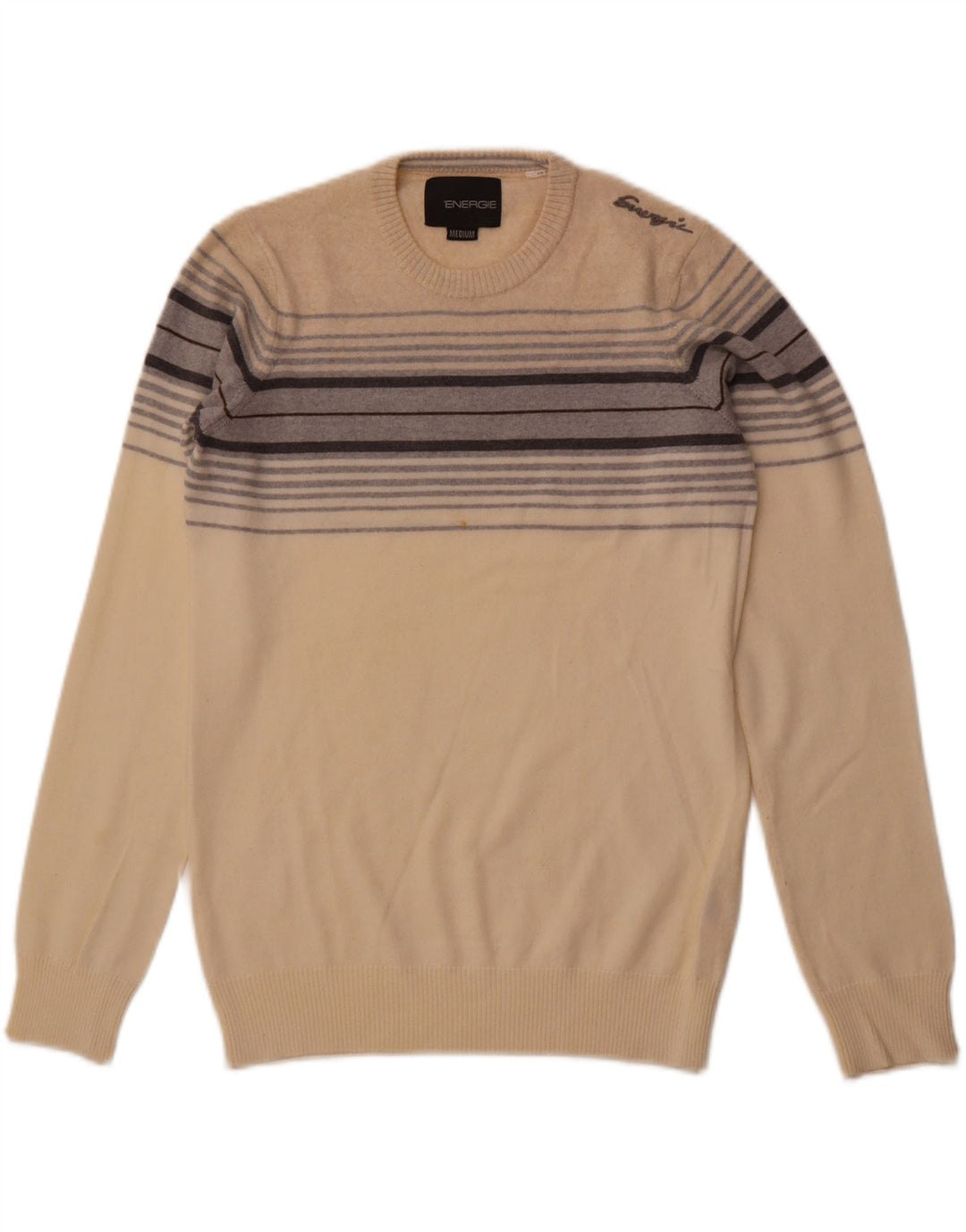 ENERGIE Mens Crew Neck Jumper Sweater Medium Beige Striped