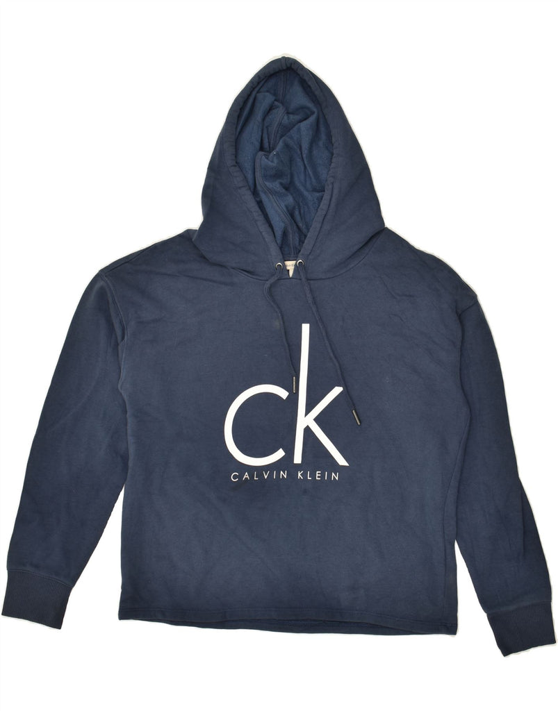 CALVIN KLEIN Womens Graphic Hoodie Jumper UK 14 Medium Navy Blue Cotton | Vintage Calvin Klein | Thrift | Second-Hand Calvin Klein | Used Clothing | Messina Hembry 