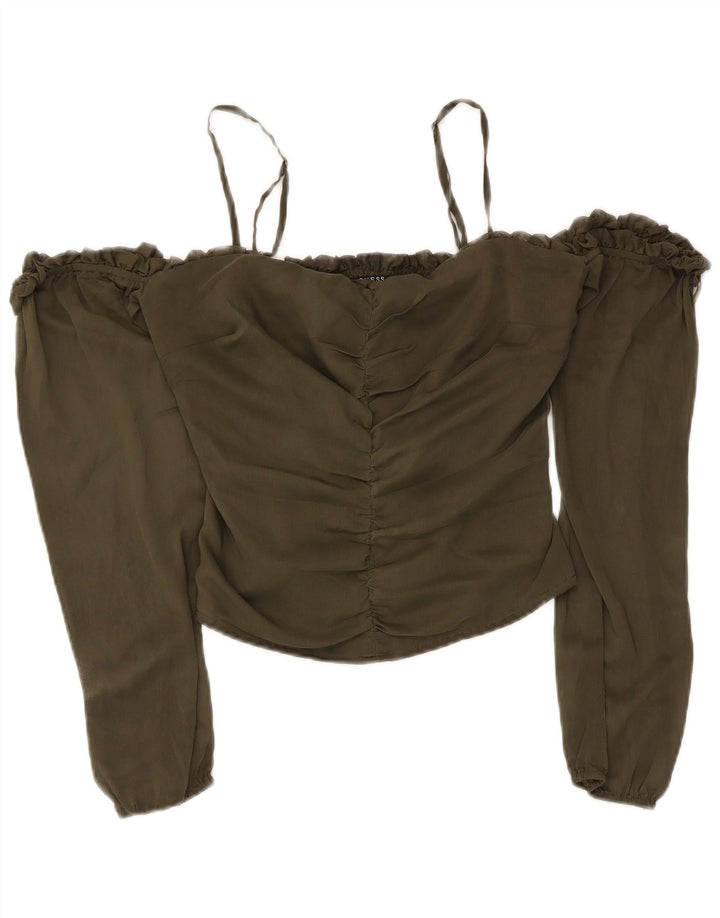 Guess Womens Crop Off Shoulder Top UK 6 XS Khaki Polyester