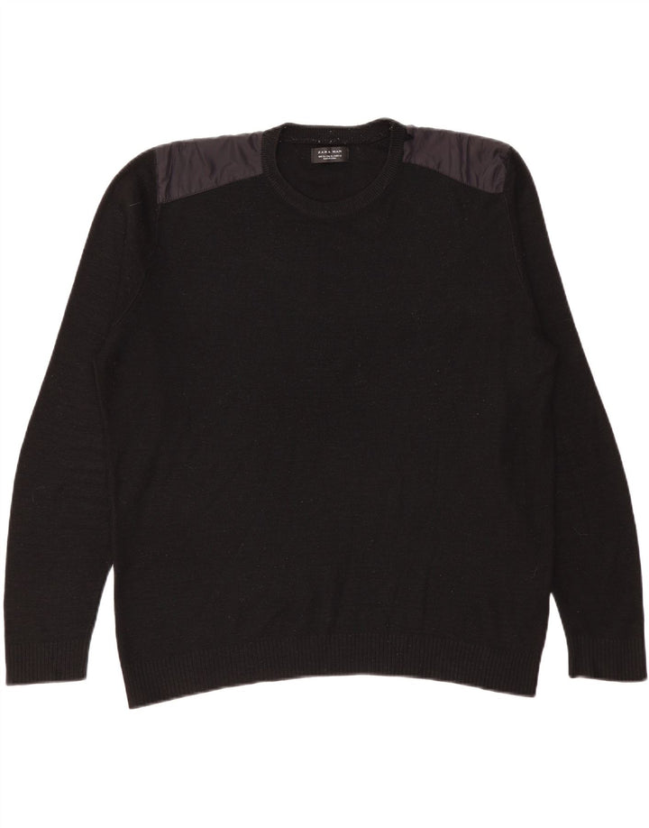Zara Mens Crew Neck Jumper Sweater XL Black Acrylic