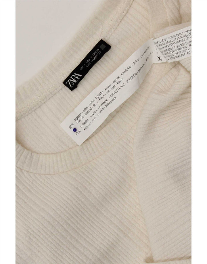 Zara Womens Crop Top Long Sleeve UK 8 Small Off White Cotton