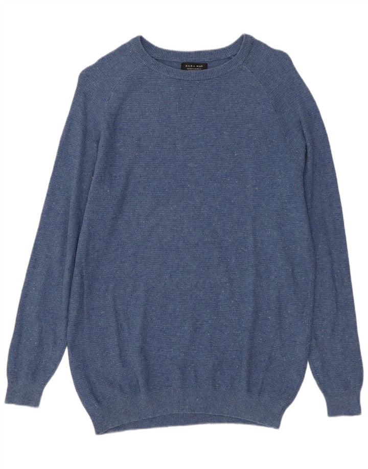 ZARA Mens Boat Neck Jumper Sweater Medium Blue Flecked Polyester