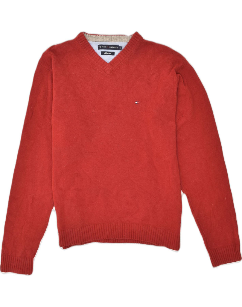 TOMMY HILFIGER Mens V-Neck Jumper Sweater Large Red Wool | Vintage Tommy Hilfiger | Thrift | Second-Hand Tommy Hilfiger | Used Clothing | Messina Hembry 