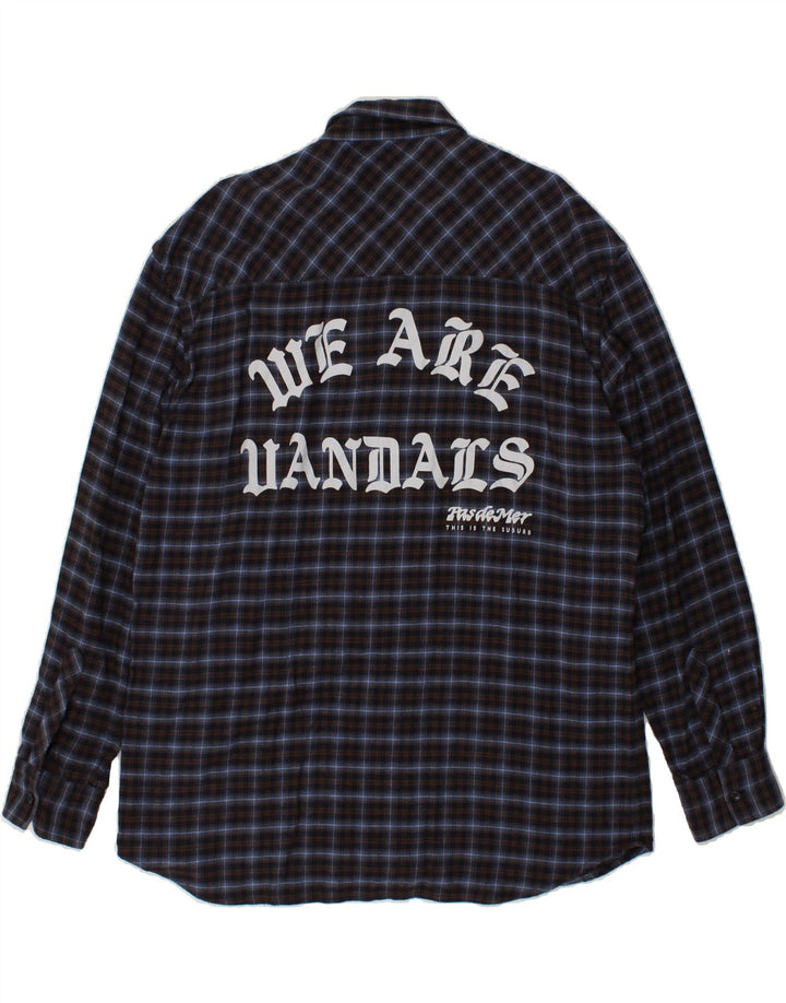 PASDEMER Mens Zip Graphic Flannel Shirt Large Navy Blue Check Cotton Vintage Pasdemer and Second-Hand Pasdemer from Messina Hembry 
