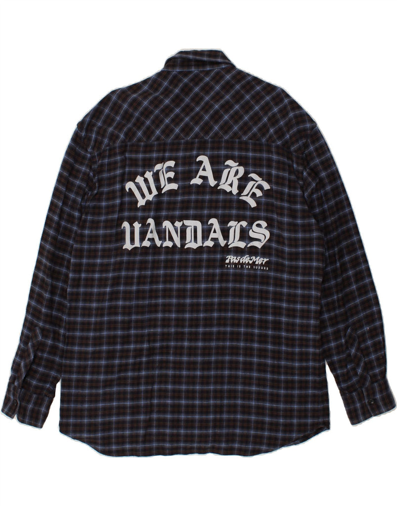 PASDEMER Mens Zip Graphic Flannel Shirt Large Navy Blue Check Cotton Vintage Pasdemer and Second-Hand Pasdemer from Messina Hembry 