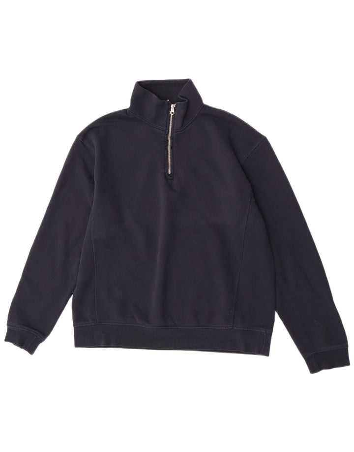 Zara Mens Zip Neck Sweatshirt Jumper Large Navy Blue Cotton