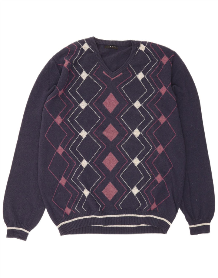 Sisley Mens V-Neck Jumper Sweater XL Navy Blue Argyle/Diamond Wool