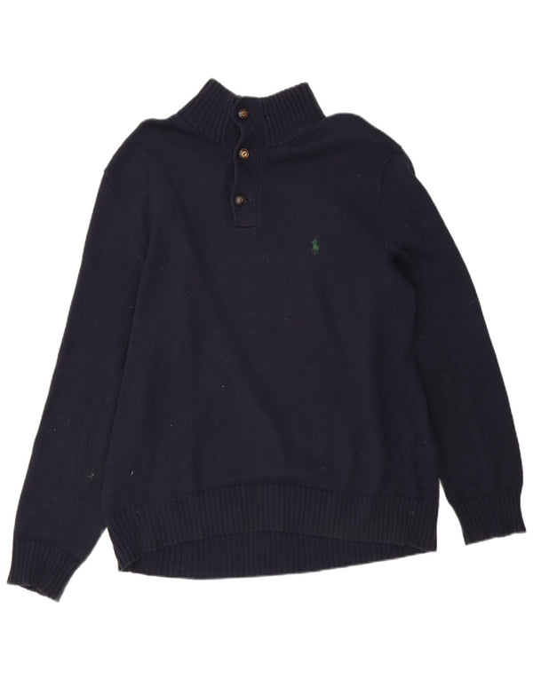 Polo Ralph Lauren Mens Button Neck Jumper Sweater Large Navy Blue Cotton