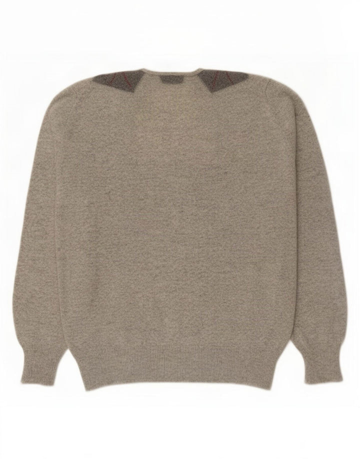 Vintage Mens V-Neck Jumper Sweater Small Grey Argyle/Diamond