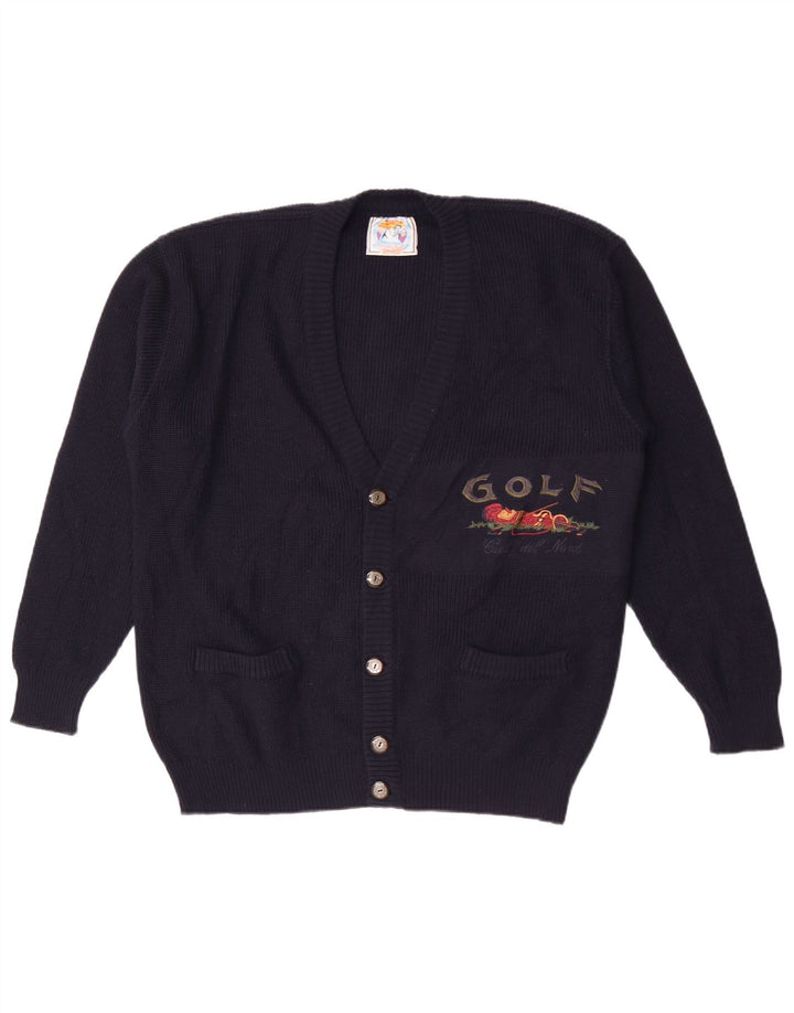 Vintage Mens Graphic Cardigan Sweater Large Navy Blue Wool