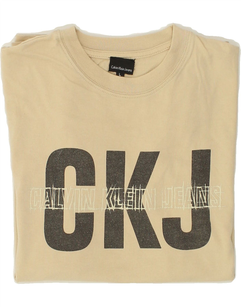 CALVIN KLEIN JEANS Mens Graphic T-Shirt Top Large Beige Cotton | Vintage Calvin Klein Jeans | Thrift | Second-Hand Calvin Klein Jeans | Used Clothing | Messina Hembry 