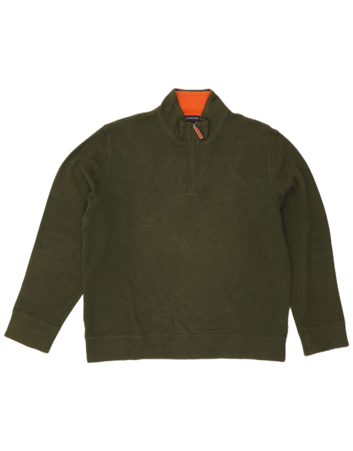 Lands End Mens Zip Neck Jumper Sweater Large Green Cotton