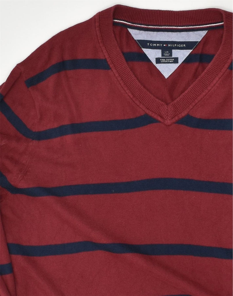 TOMMY HILFIGER Mens V-Neck Jumper Sweater Large Burgundy Striped Cotton | Vintage Tommy Hilfiger | Thrift | Second-Hand Tommy Hilfiger | Used Clothing | Messina Hembry 