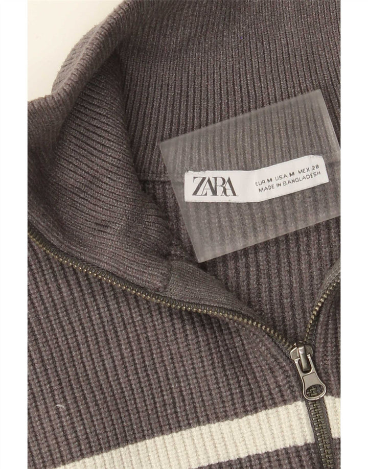 Zara Womens Zip Neck Vest Tank Top UK 14 Medium Grey Striped