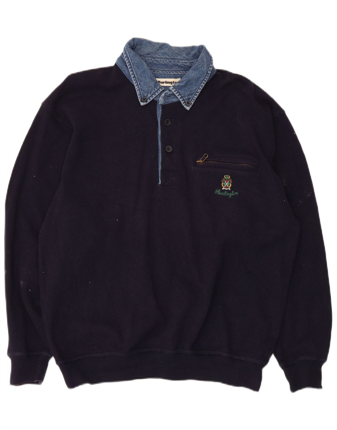 Burlington Mens Polo Neck Sweatshirt Jumper Small Navy Blue Cotton