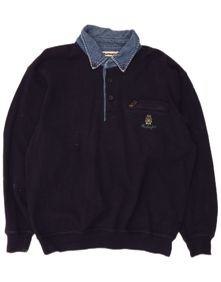 Burlington Mens Polo Neck Sweatshirt Jumper Small Navy Blue Cotton