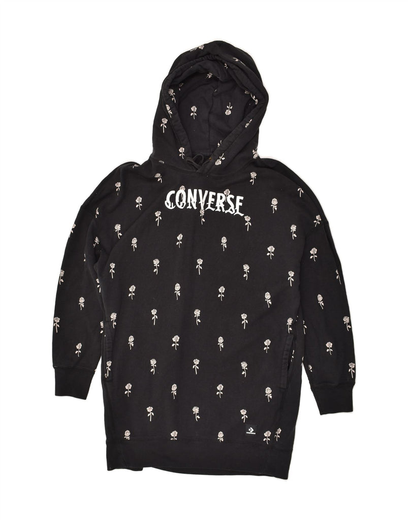 CONVERSE Womens Oversized Graphic Hoodie Dress UK 14 Medium Black Floral | Vintage Converse | Thrift | Second-Hand Converse | Used Clothing | Messina Hembry 