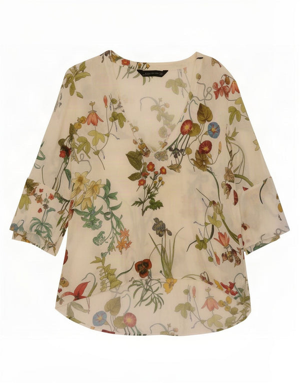 Zara Womens 3/4 Sleeve Tunic Top UK 6 XS White Floral Viscose