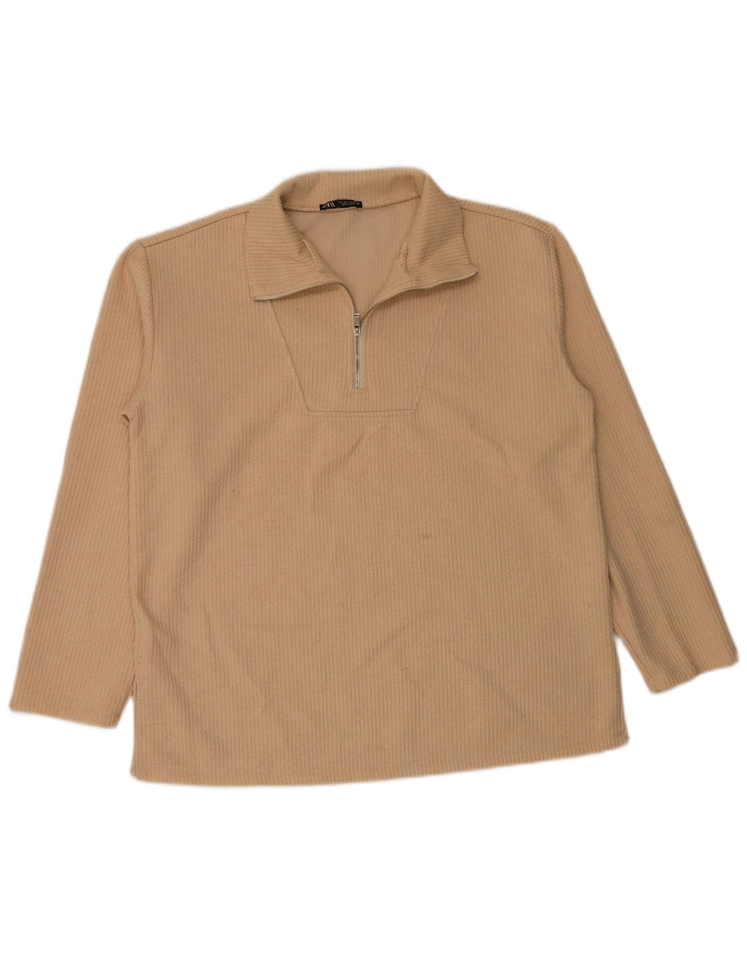 Zara Womens Zip Neck Top Long Sleeve UK 16 Large Beige Polyester