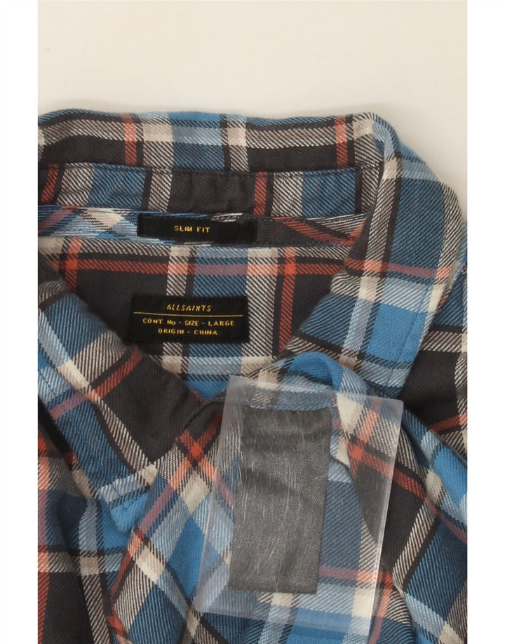 ALL SAINTS Mens Slim Fit Flannel Shirt Large Blue Check Cotton