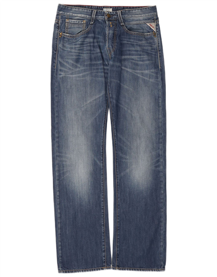 REPLAY Mens Straight Jeans W32 L34 Blue Cotton