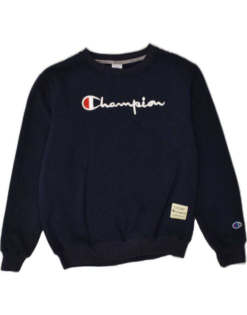 CHAMPION Womens Graphic Sweatshirt Jumper UK 14 Large Navy Blue Cotton | Vintage Champion | Thrift | Second-Hand Champion | Used Clothing | Messina Hembry 