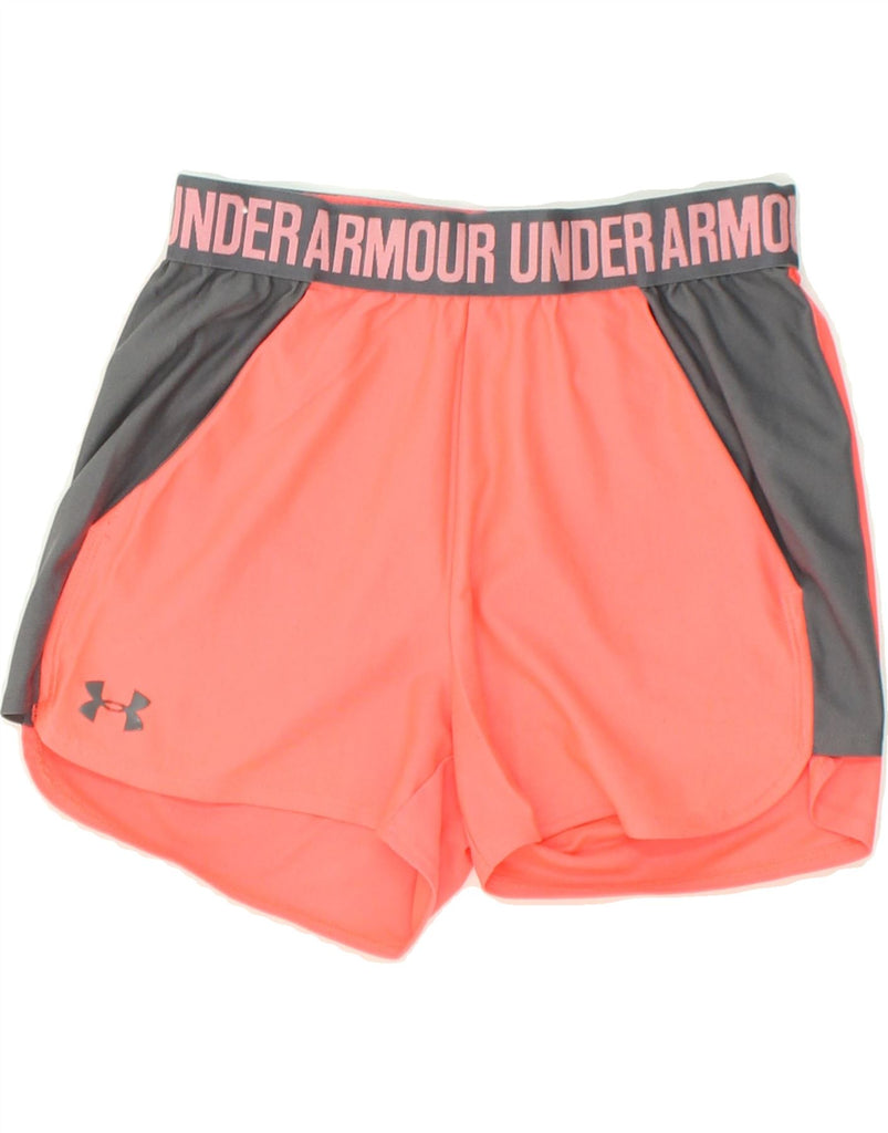 UNDER ARMOUR Womens Heat Gear Sport Shorts UK 4 XS Orange Colourblock | Vintage Under Armour | Thrift | Second-Hand Under Armour | Used Clothing | Messina Hembry 